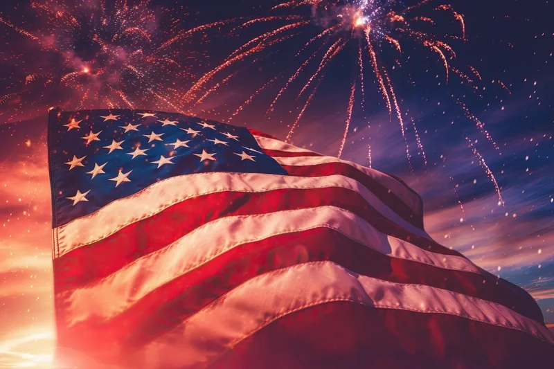 US flag with fireworks in background