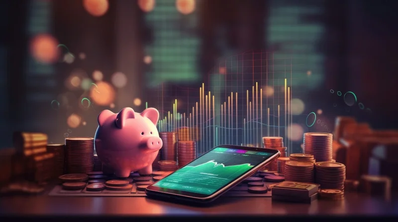 Piggy bank and cash pile