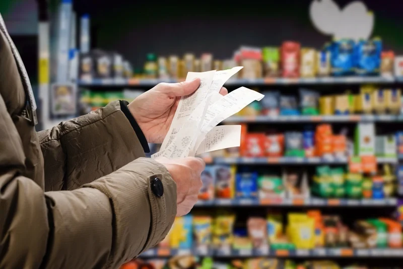 Shopper studying multiple shopping receipts