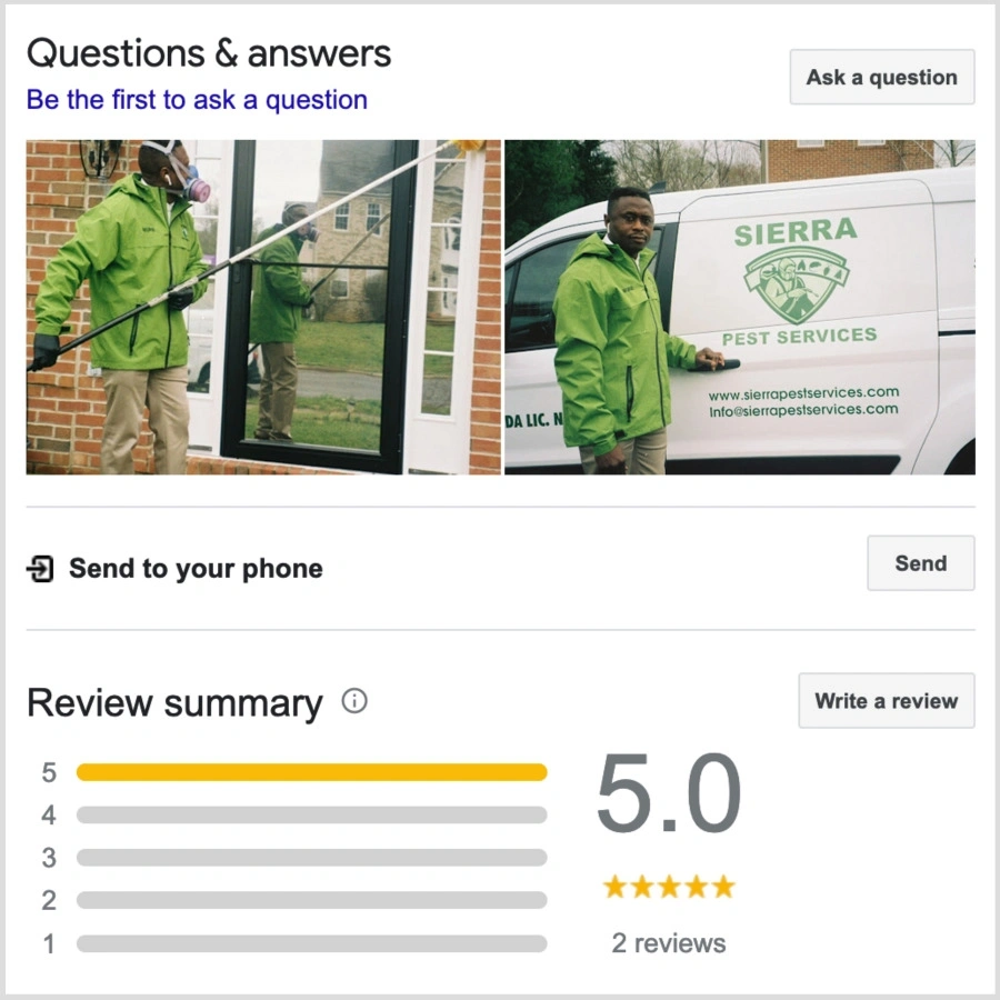 Google reviews for local pest control company in Maryland.