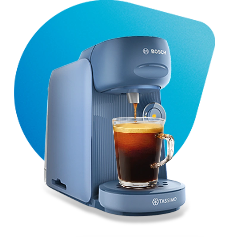 A Blue Bosch TASSIMO coffee machine with a freshly brewed cup of espresso in front.