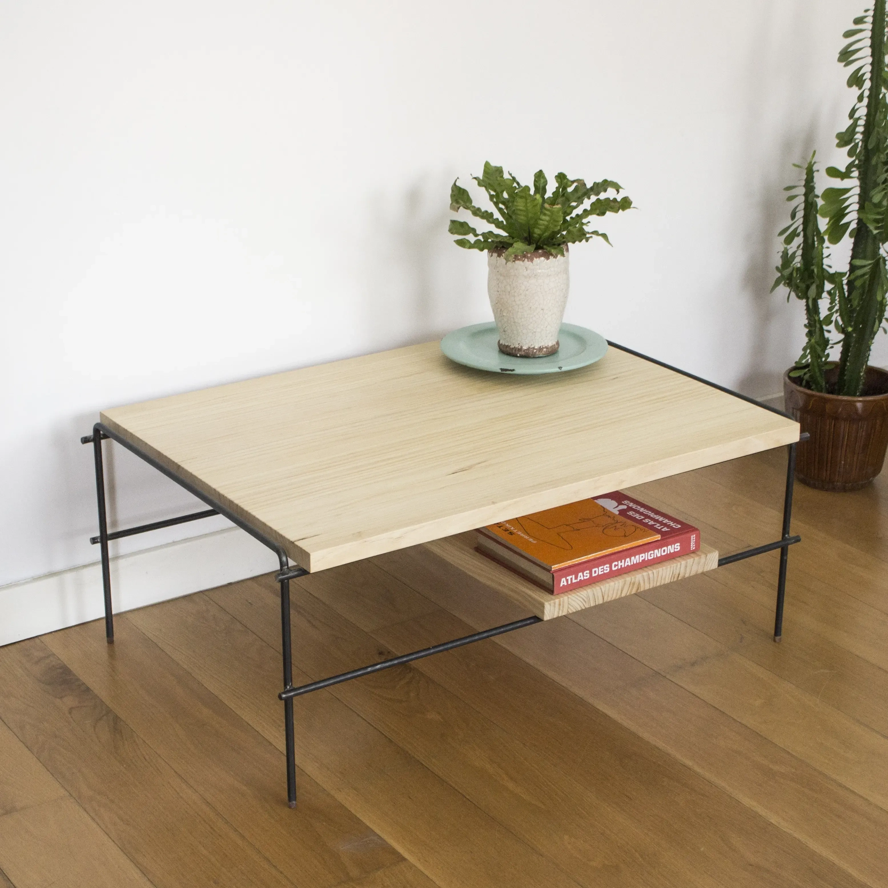 Planta y libro sobre mesa baja de madera con doble altura.