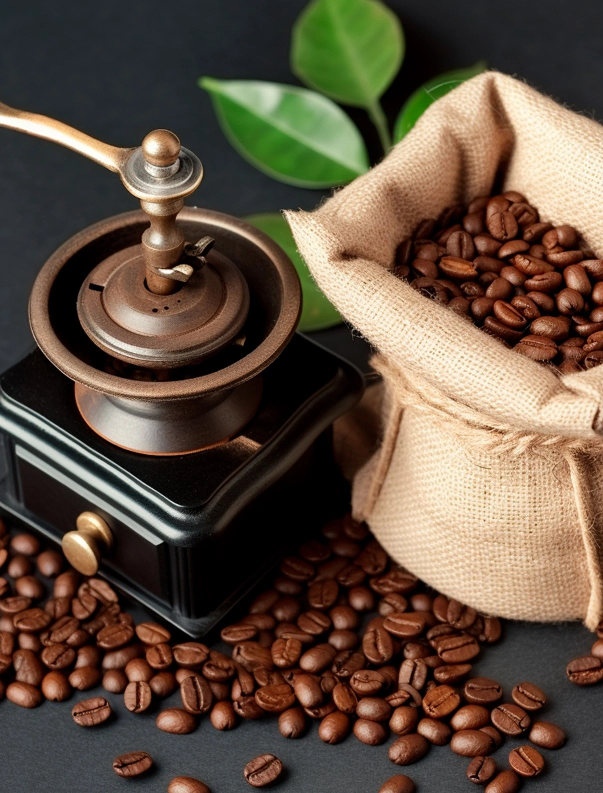 Coffee grinder, beans, and L'OR coffee arranged on a dark surface for a sophisticated composition.