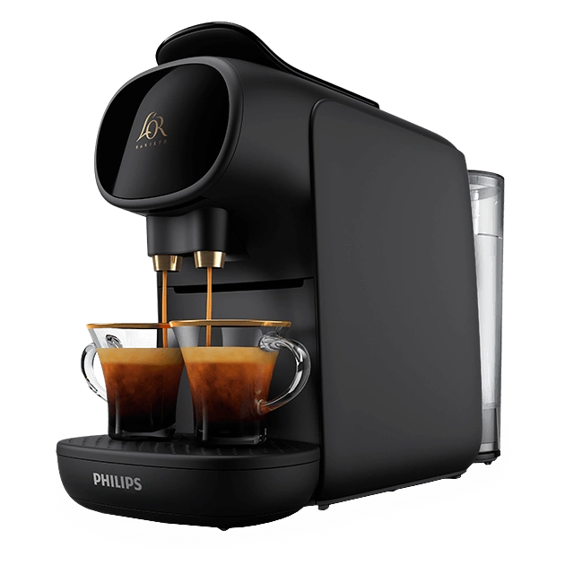 Black espresso machine brewing coffee with L'OR blends, enhancing the coffee experience with rich flavors.