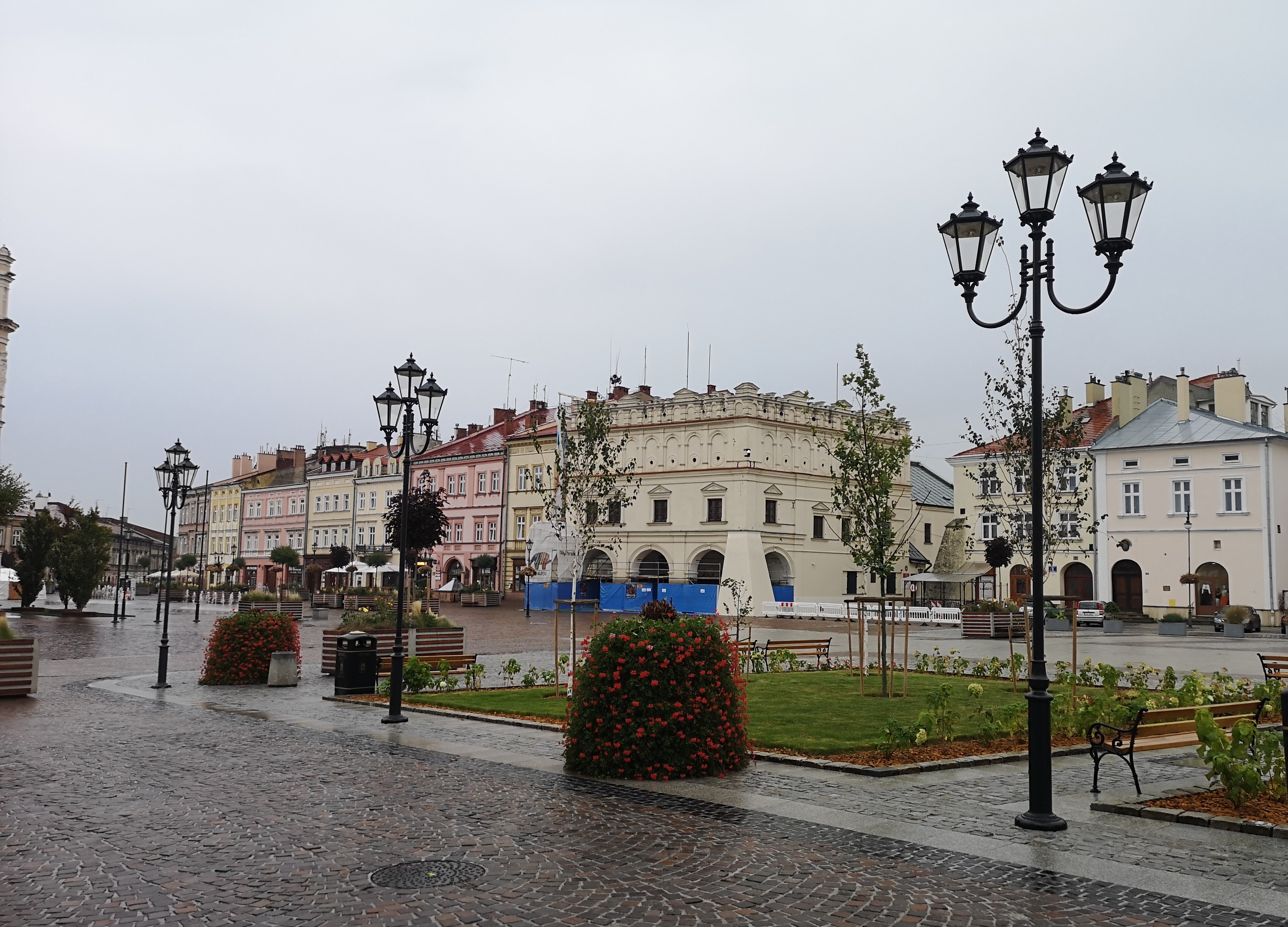 Wycieczka do Jarosławia. | Jarosławski Rynek - widok ogólny. Na pierwszym planie stylizowane na gazowe latarnie, przycięte krzewy i klomby z kwiatami oraz płyta Rynku, w tle kamienice..jpg