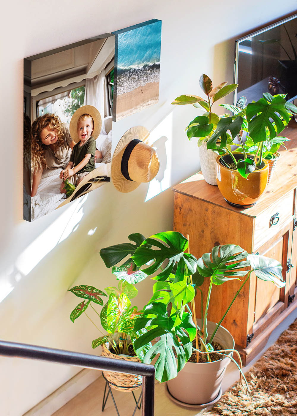 Canvas print by the stairway of mother, son, and the beach.