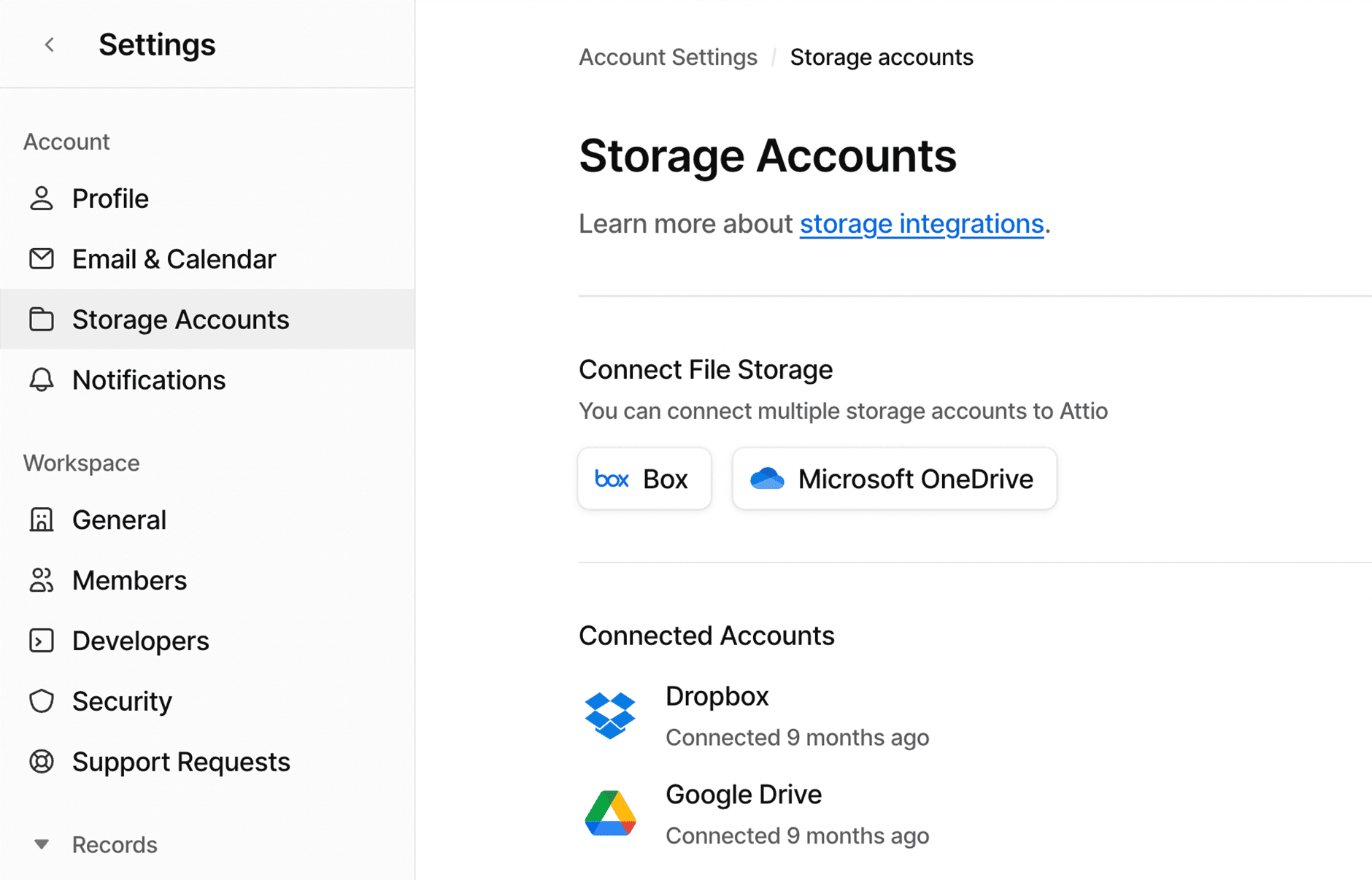 The settings window where third party cloud storage can be linked to your Attio account