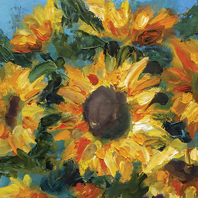 A painting of sunflowers in during the day