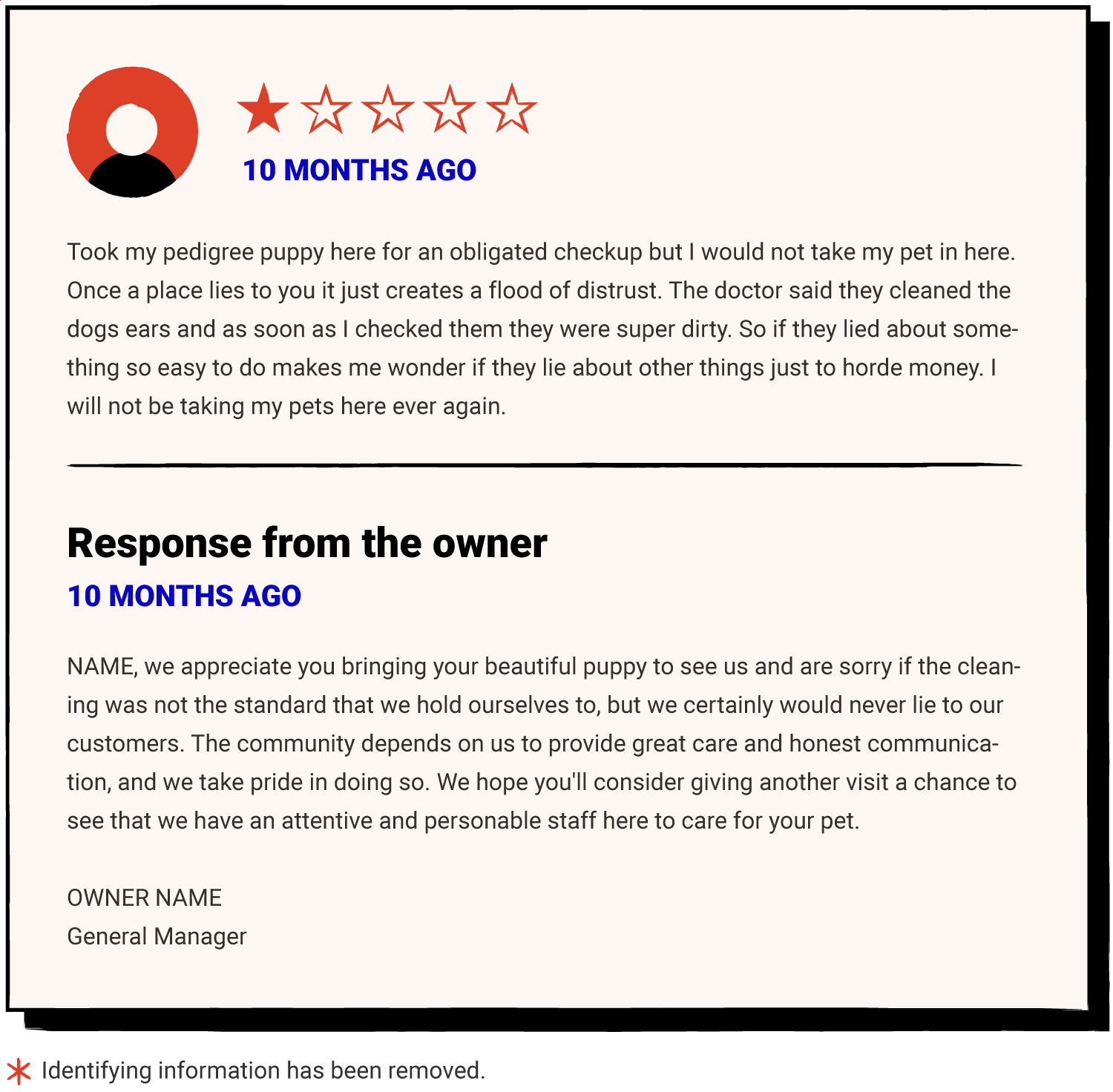 Example of a bad review with a proper response