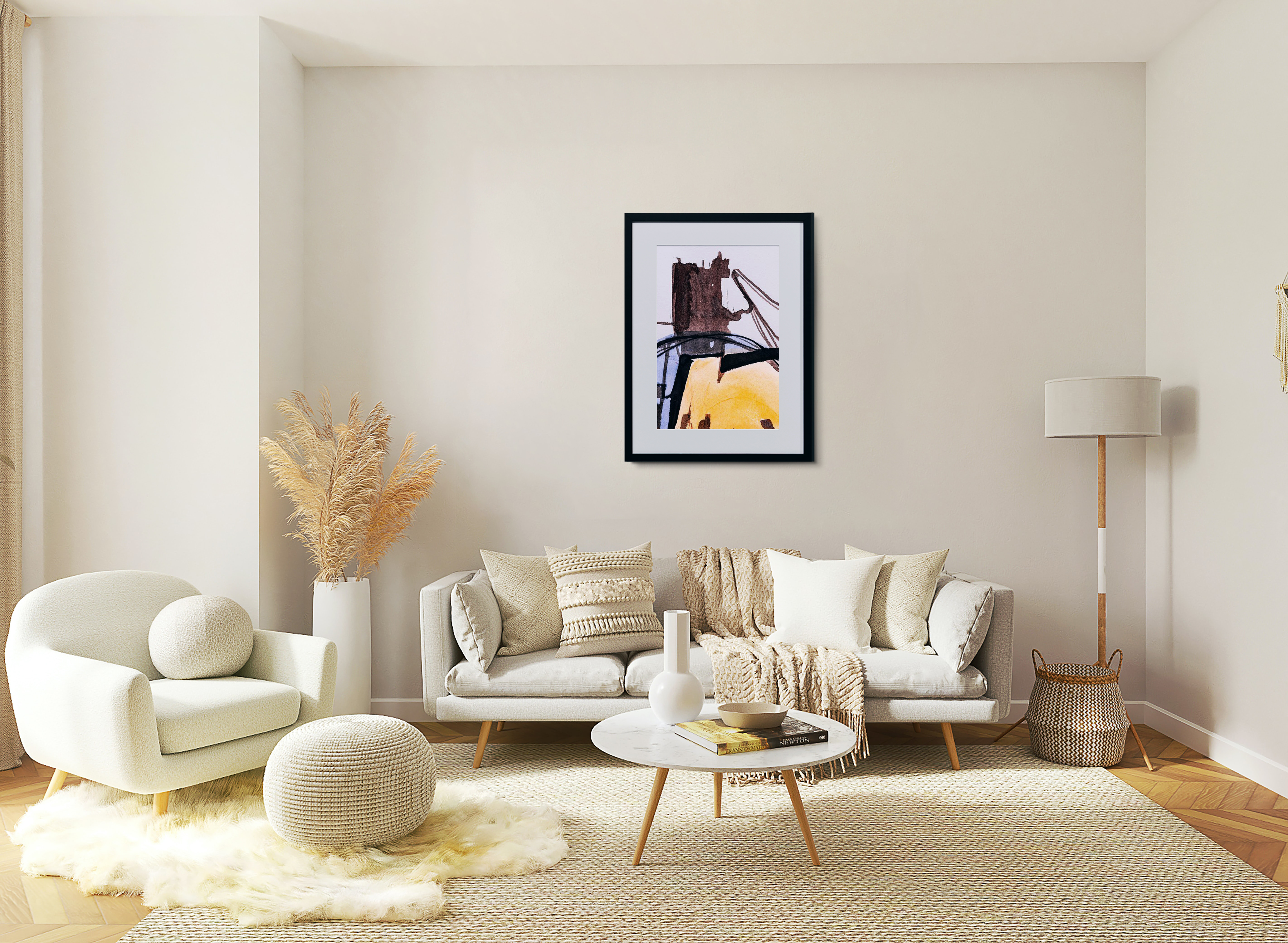 Framed abstract art print in living room