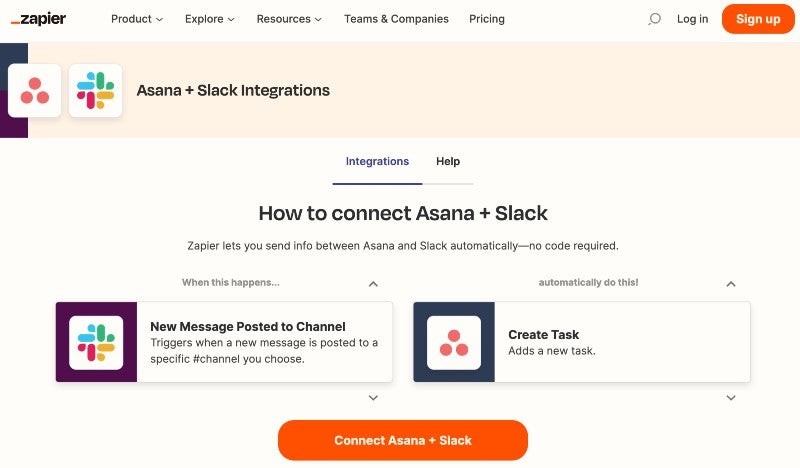 Eine Zapier-Landingpage für eine Integration des Projekt-Management-Tools Asana mit der Chap-App Slack