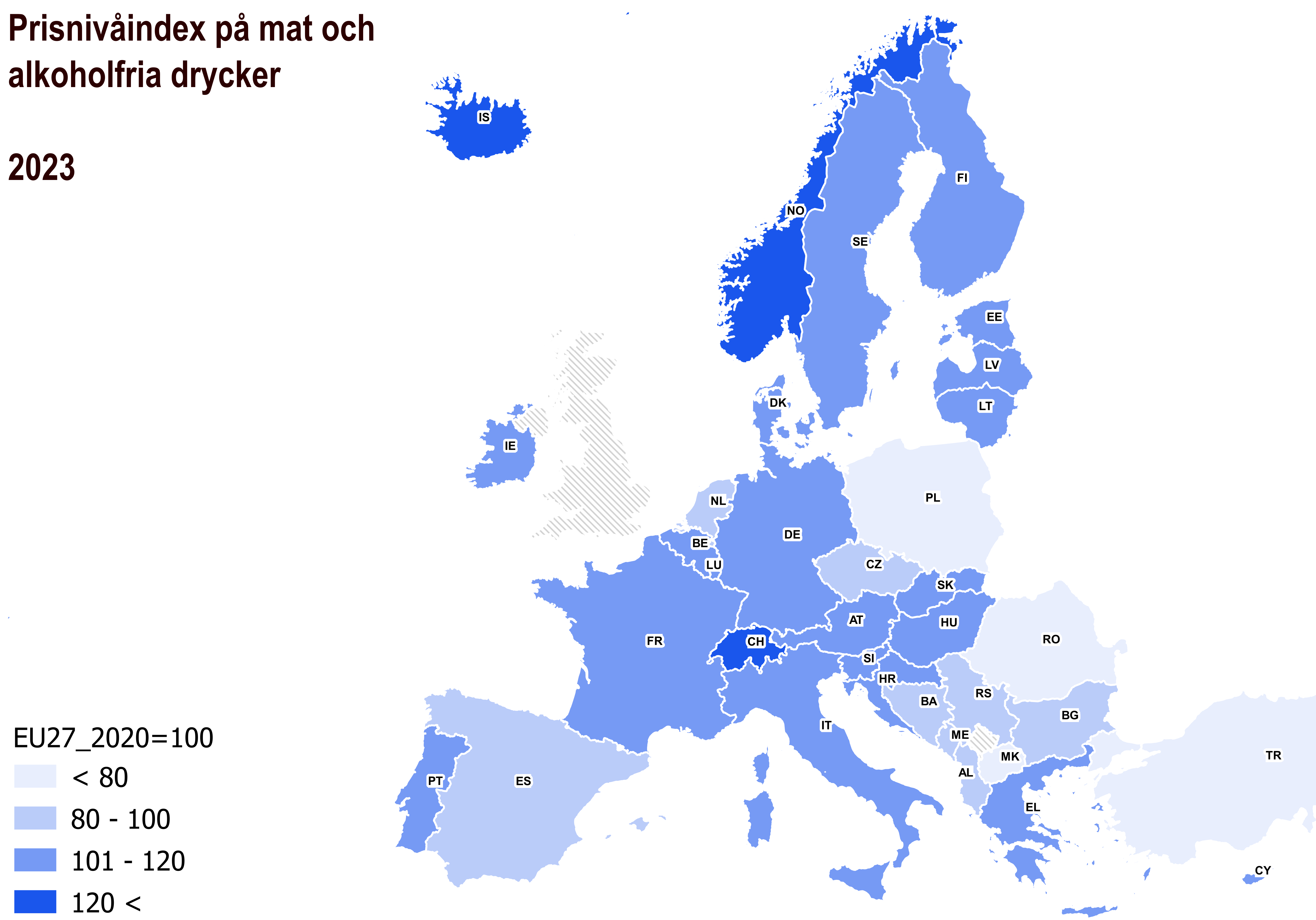 Prisnivåindex på mat och alkoholfria drycker illustrerad på kartan. EFTA länderna Schweiz, Island och Norge hade den högsta prisnivån. Länderna med den lägsta prisnivån var Turkiet, Nordmakedonien, Rumänien och Polen. Finlands prisnivå var 10 % över EU-genomsnittet.