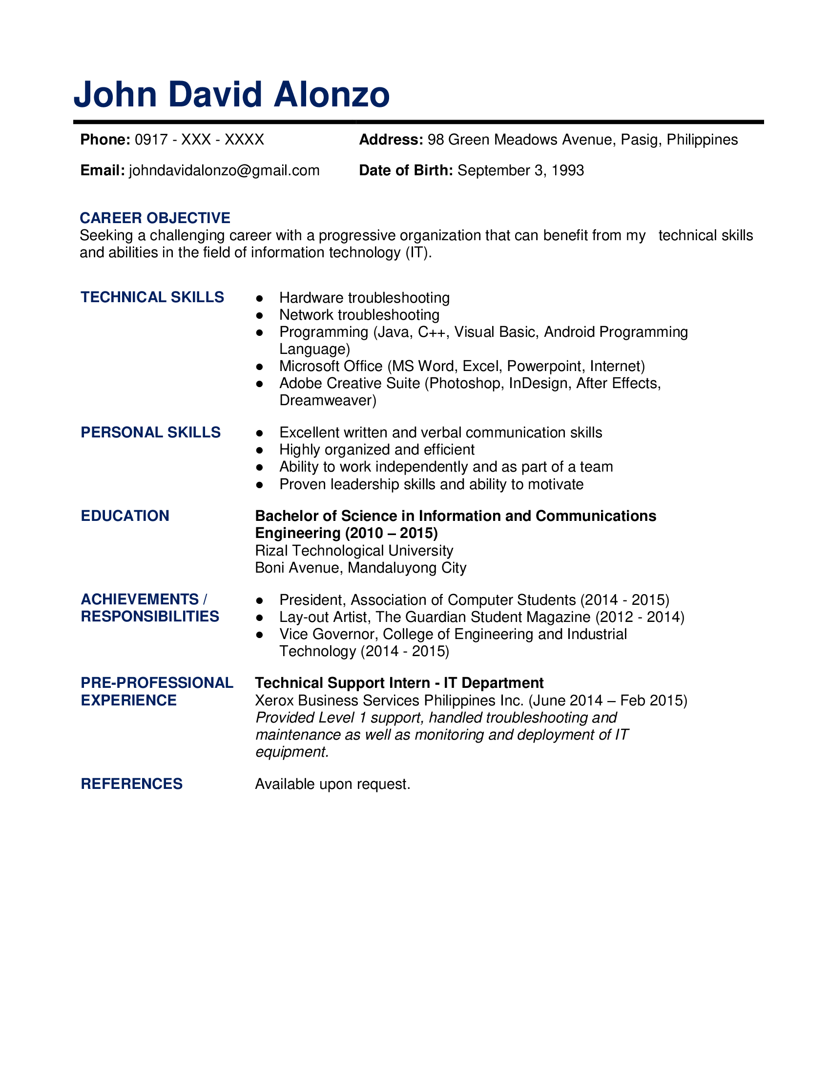 resume sample philippines student