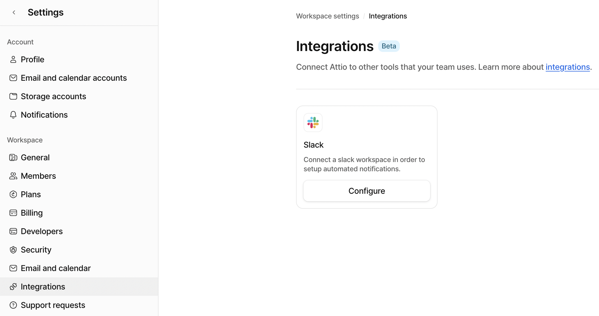 The Integrations page of Workspace settings shows an option to Configure a Slack integration