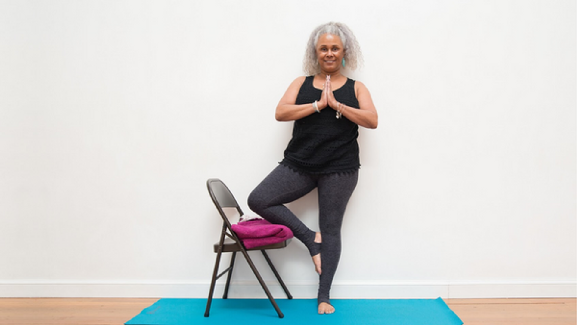 Tree Pose with Wall and Chair Support: