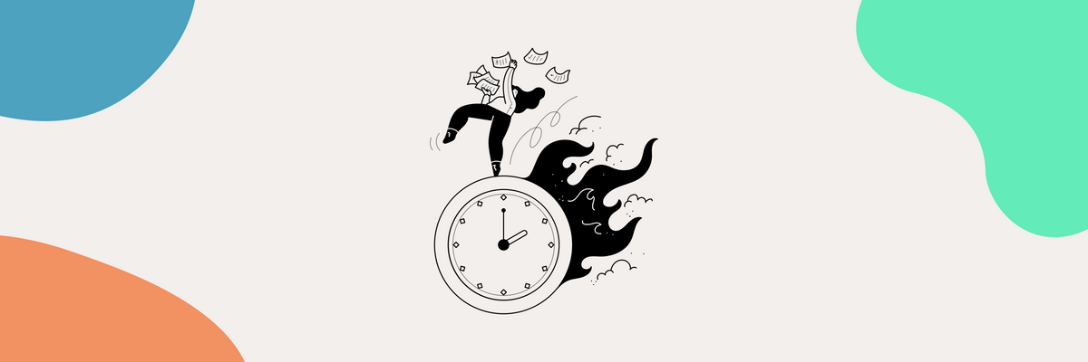 A person dropping paperwork, standing on a burning clock