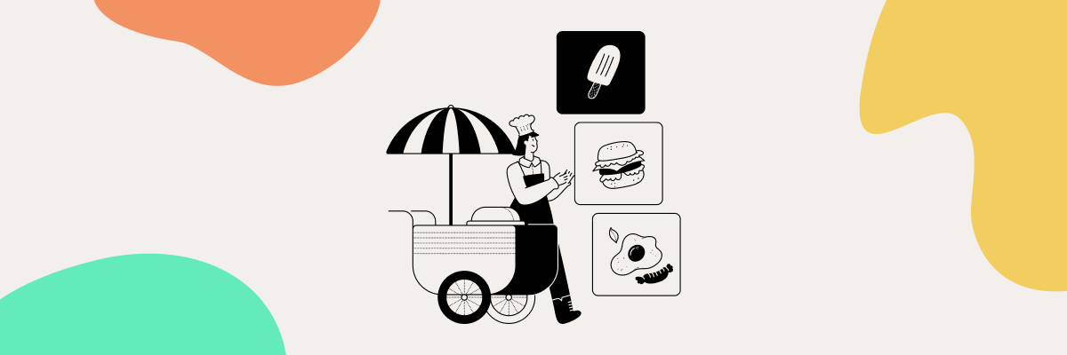 A lady with a food cart and floating icons of ice cream, hamburger and sunny side eye