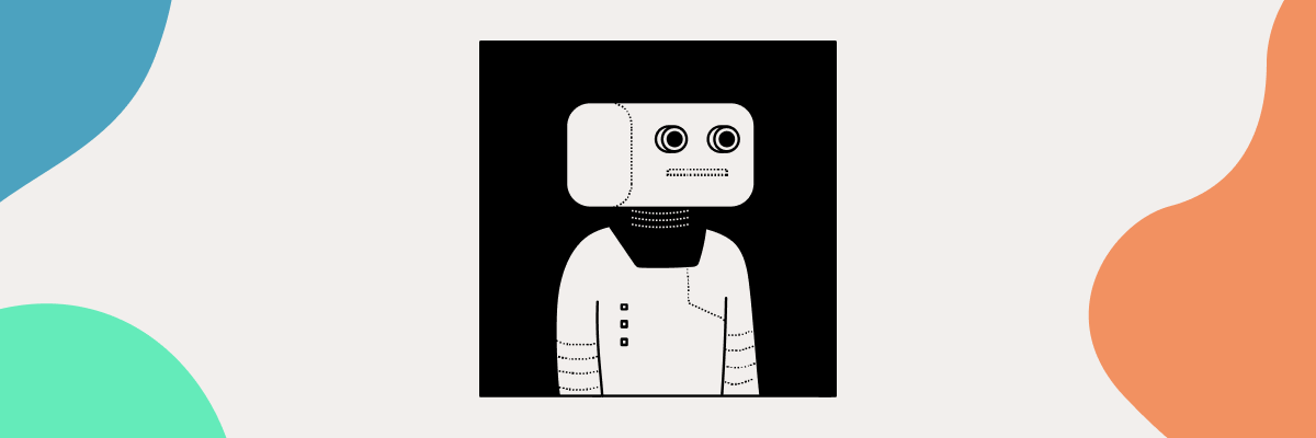 Robot with neutral face expression on a black square