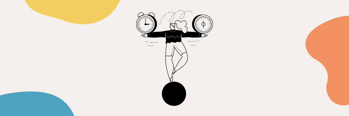 A woman balances on the ball with clock in her left hand and a compass in her right hand