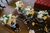 White rose bouquets on wooden table 