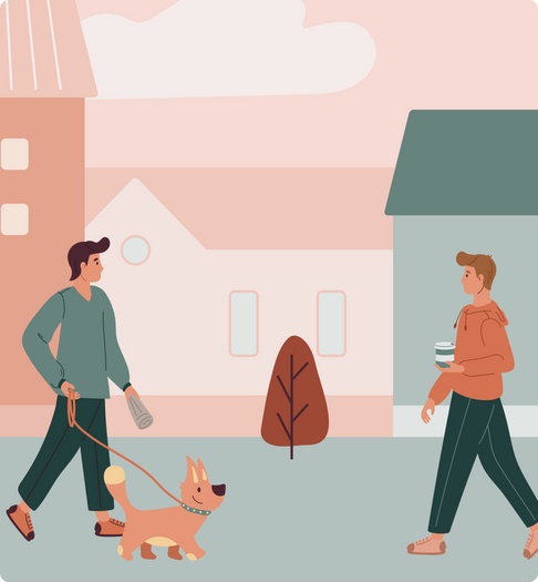 Illustratie van twee mensen op straat. De ene is zijn hond aan het uitlaten de ander houdt een kop koffie in hun hand.