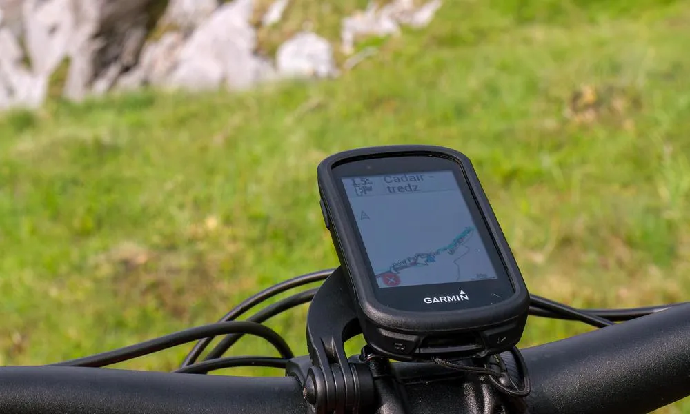 Garmin bike computer on a mountain bike in the mountains