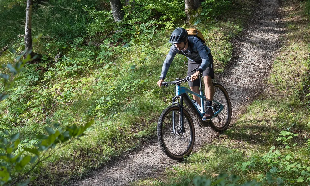 A mountain biker riding a Cube MTB on an alpine trail