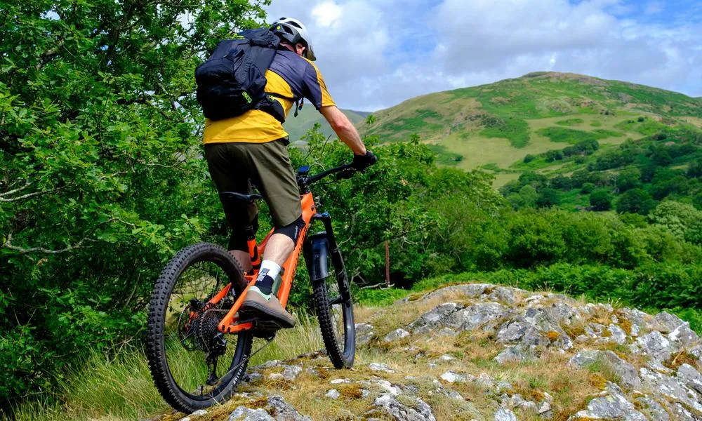 Mountain biker riding up a rough trail on a sunny day