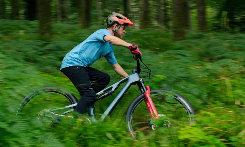 mountain biker riding track in woods through ferns on Merida MTB wearing a t-shirt