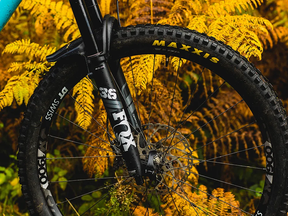 Close up of a DT Swiss mountain bike wheel