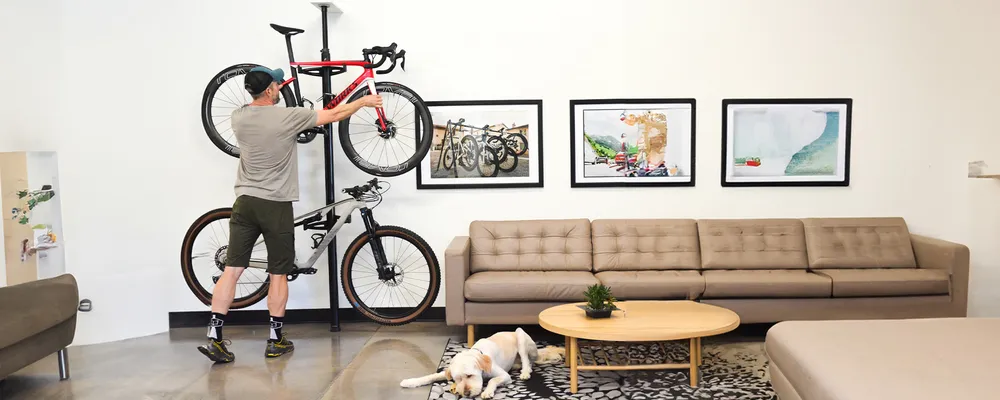 Hanging bikes on a storage rack