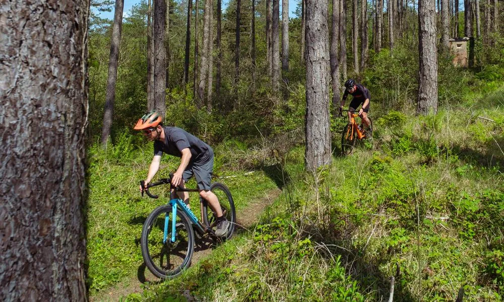 two gravel bikes ride through the woods