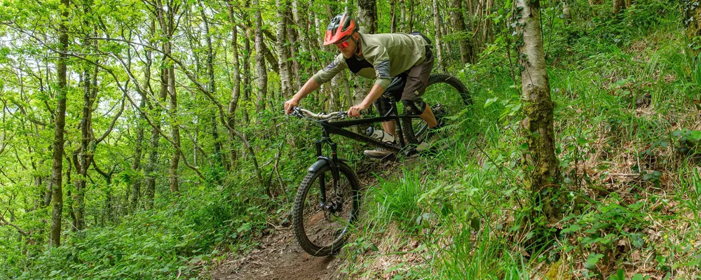 rider on a hardtail mountain bike riding down a steep trail in the woods