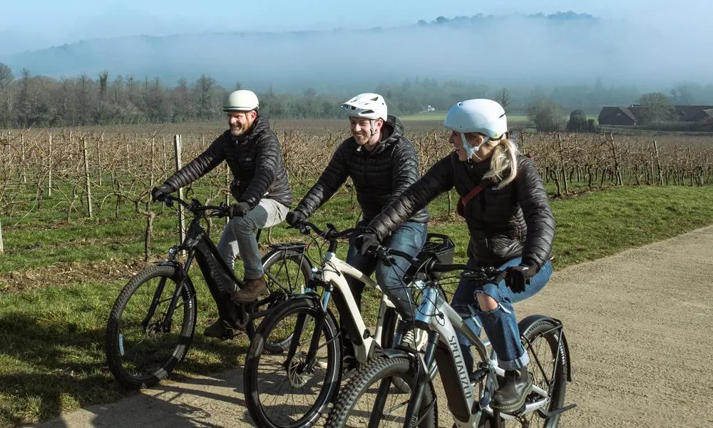 three e-bikers having fun on a gentle ride on a crisp spring day