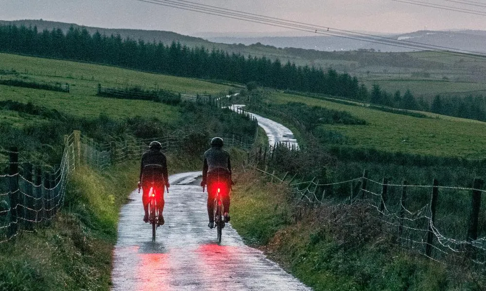 Road cyclists riding at dusk with rear bike lights