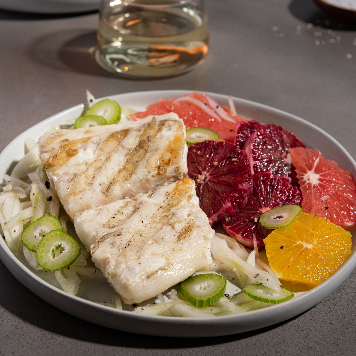 Grilled Halibut with Citrus and Fennel Slaw