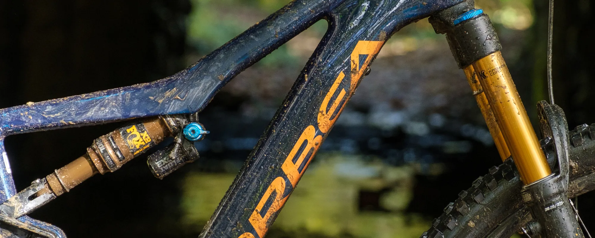 detail of e mountain bike with Fox racing shox rear shock and fork