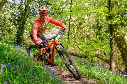 Riding a lightweight Specialized electric mountain bike in the bluebell woods 