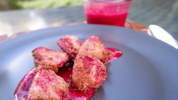 Strawberry Fritters with Raspberry Sauce
