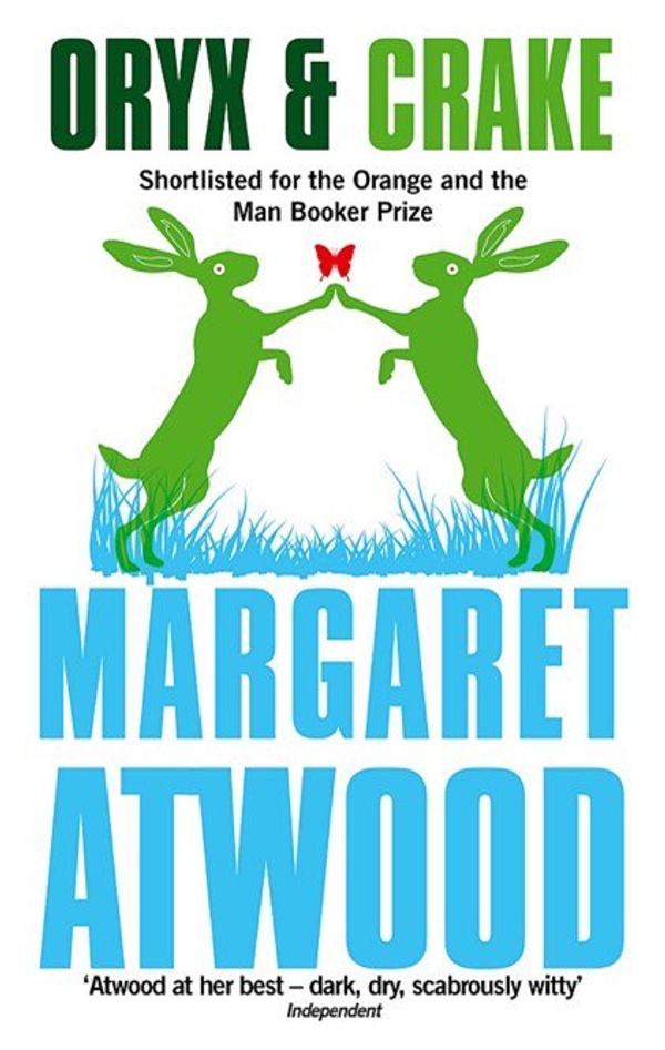 Book cover for Oryx & Crake: Illustration of two rabbits standing on their hind legs touching their front paws together