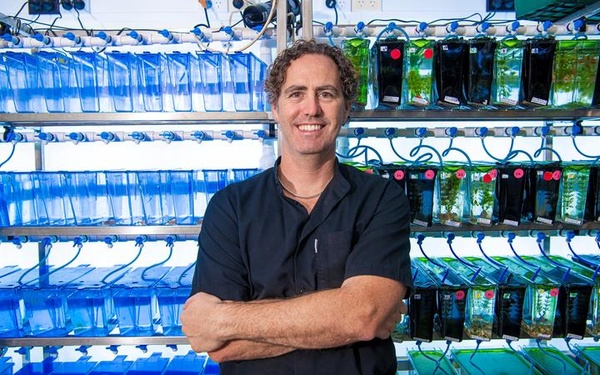 Photo of Culum Brown standing in front of aquarium tanks