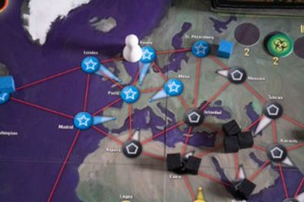 Photo of a portion of the Pandemic game board in play.
