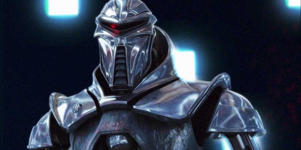 Picture of a sinister looking robot in a silver helmet with a red glint in its eye