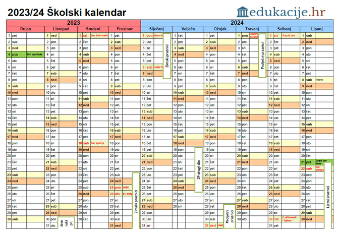 Školski kalendar u školskoj godini 2023./2024.