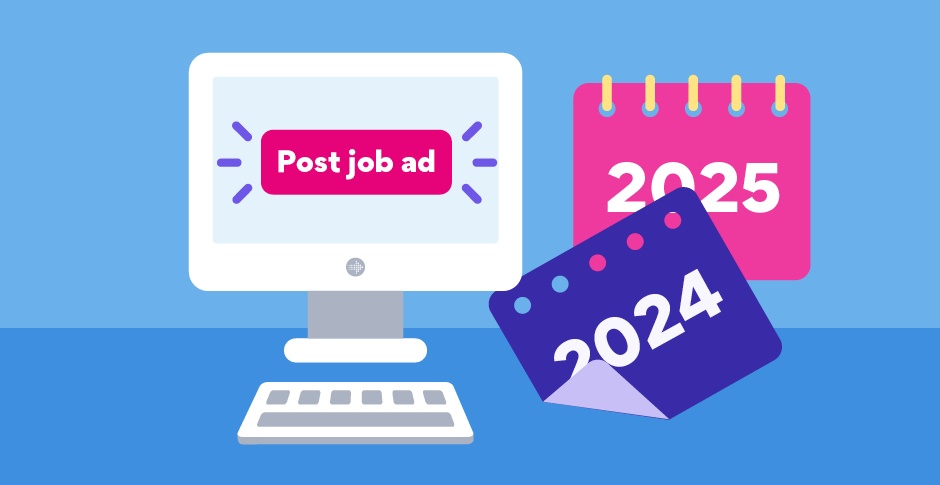 Desktop computer with 'post job ad' button next calendar flipping from '2024' to '2025'