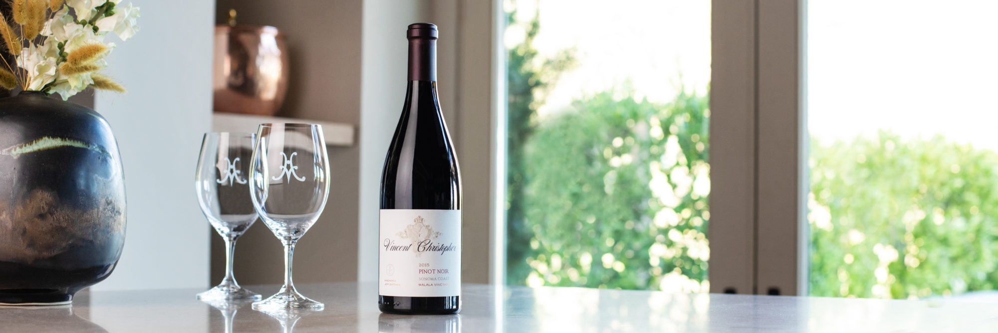 The 2015 Vincent Christopher Pinot Noir and glasses