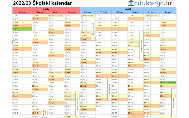 Školski kalendar u školskoj godini 2022./2023.