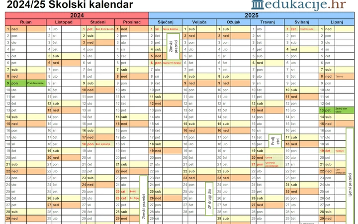 Školski kalendar i praznici za 2024. i 2025. školsku godinu