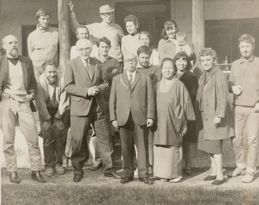 Photograph: Bernard Leach, Shoji Hamada and the Leach Pottery staff, St Ives, c.1960. From the Bernard Leach archive at the Crafts Study Centre, University for the Creative Arts