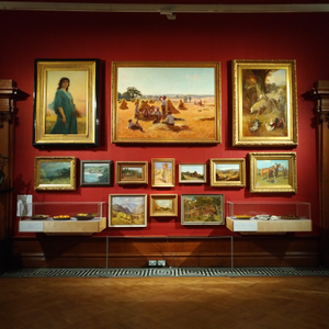 Photograph: The main exhibition gallery, Gallery A, at the Shipley Art Gallery - contemporary ceramics displayed amongst the paintings collection, including charger plates by Clive and Dylan Bowen, and vessels by Betty Blandino